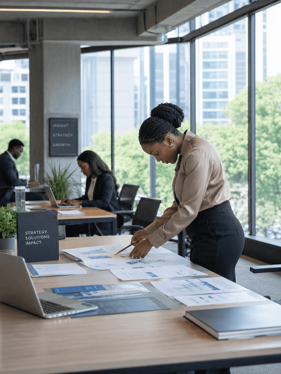 Consultants reviewing scale models and plans in a studio